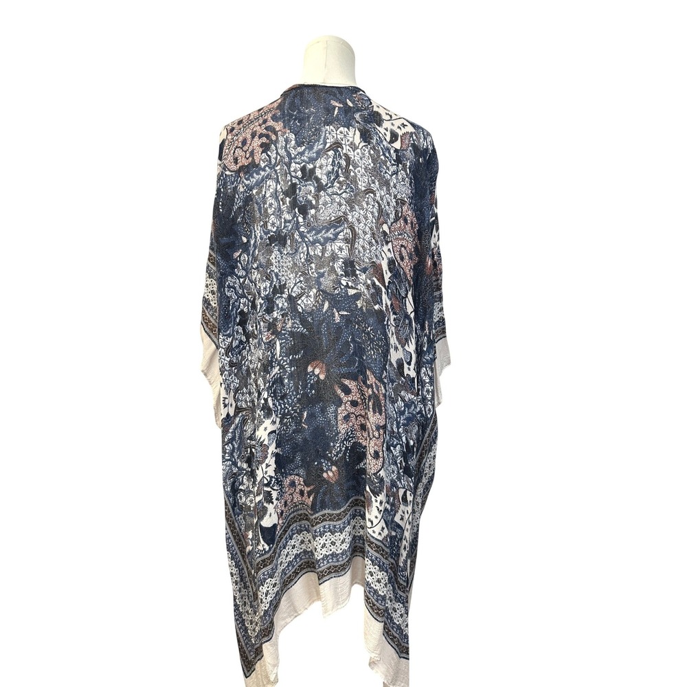 Blue Floral Paisley Boho Kimono Cardigan L-XL Open Front Wrap Gypsy Western - Picture 5 of 8